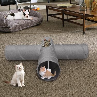 Cat Tunnel Toy, 4-Way Collapsible Cat Tunnel for Indoor Cats, Interactive Peek Hole, Pet Tunnel with Cat Wand Toy