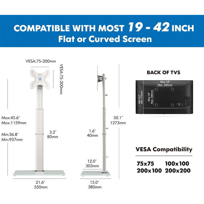 FITUEYES Adjustable TV Stand - Swivel & Tilt Floor Stand for 19-42 inch Flat & Curved TVs up to 35kg, VESA 200x200 - White