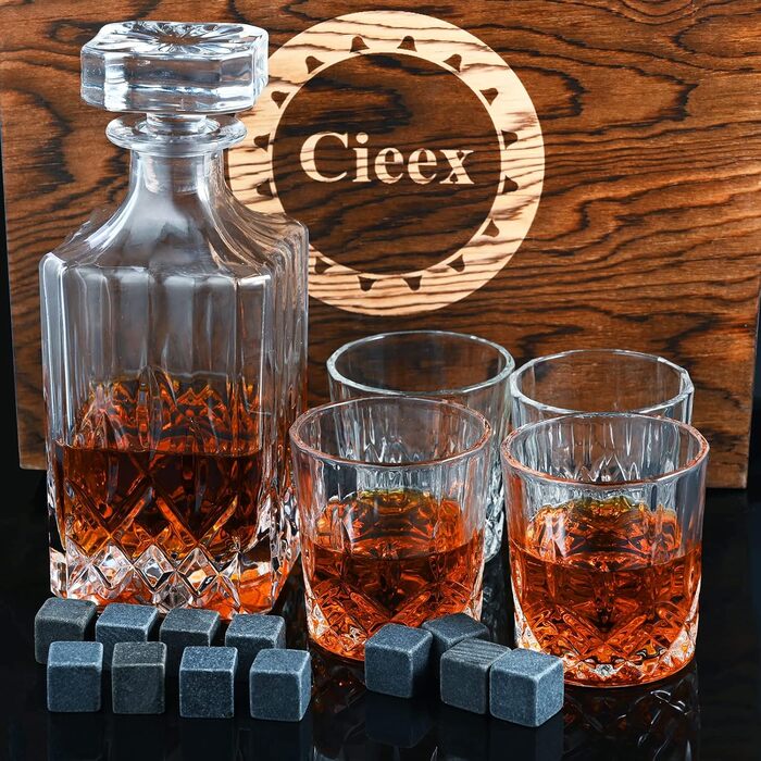 Whiskey Decanter Set, 750ml Decanter with 4 x 220ml Whiskey Glasses, 12 Stones, Beautiful Gift Box, Father's Day Gift for Men, Transparent