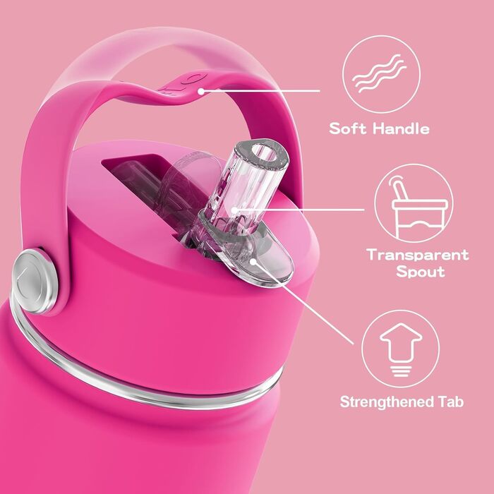 OISIZ Kids Water Bottle with Straw Lid, 400 ml, Vacuum-Insulated Thermos Flask made of 316 Stainless Steel, for Children for School, Leak-Proof Insulated Cup, BPA-Free and Keeps Drinks Cold for 24 Hours (Rose Red)
