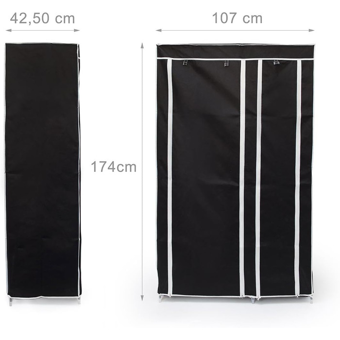 Relaxdays Fabric Wardrobe with Clothes Rail & 5 Compartments, HBT: 174 x 107 x 42.5 cm, Sturdy Folding Wardrobe with Cover, (Black)