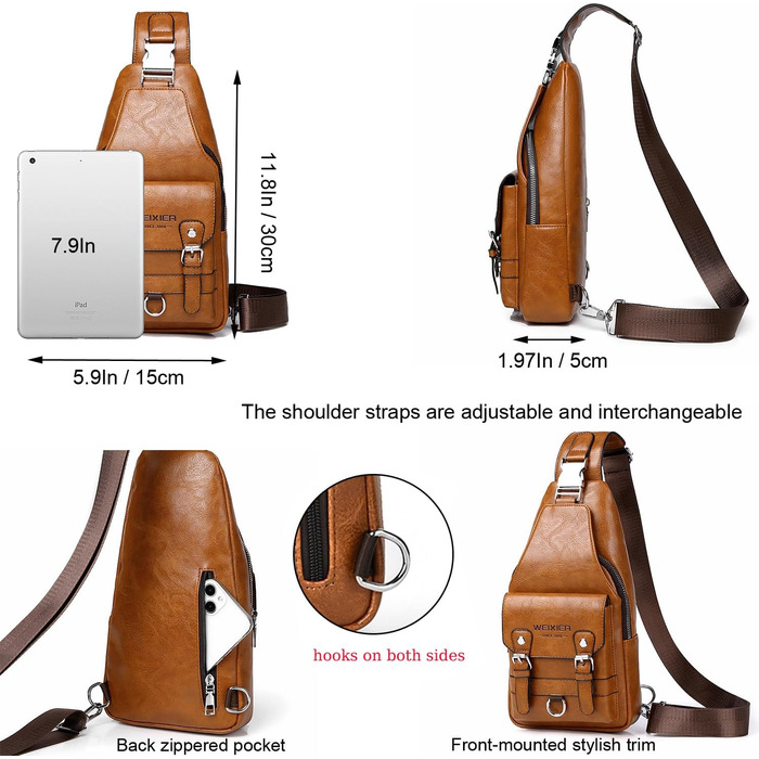 Чоловіча нагрудна сумка через плече з PU-шкіри, водонепроникна, світло-коричнева