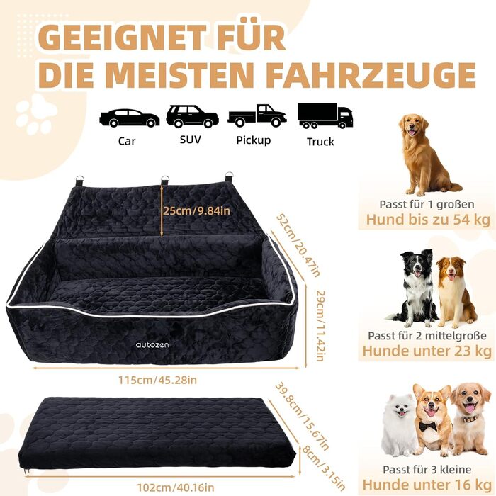 AutoZen Dog Car Seat for Medium to Large Dogs up to 54 lbs - Removable & Washable - Black
