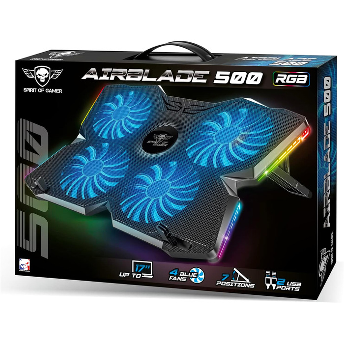 Охолоджувач для ноутбука Spirit of Gamer AIRBLADE 500 (10-17 дюймів), 4 тихі вентилятори, RGB підсвічування, сумісний з PC, PS5, PS4, Xbox