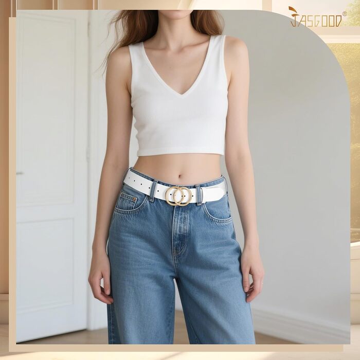 Жіночий шкіряний ремінь JasGood з подвійною кільцевою пряжкою для джинсів, штанів та суконь (3 кольори, L: 130 см, обхват талії 96-105 см)