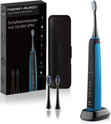 Електрична зубна щітка Tristan Auron Sonic Master (Чорний) – 55 000 VPM, 5 режимів, 60 днів роботи від акумулятора, з етиуі та 6 насадок