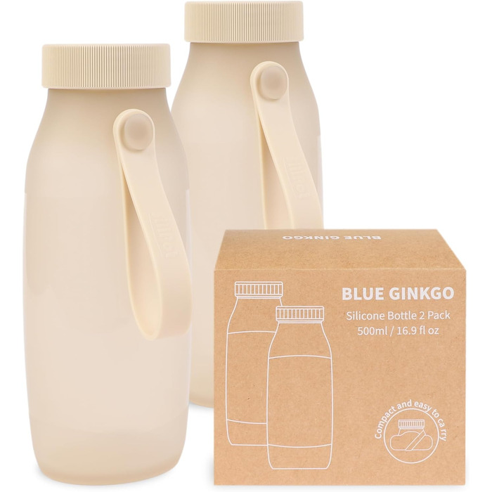 BLUE GINKGO Collapsible Water Bottles [2-Pack] – Lightweight, foldable silicone bottles for travel, hiking, and camping (500ml, Made in Korea, Beige)