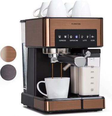 Klarstein Espresso Siebträgermaschine: Компактна кавомашина еспресо з молочною піною, 1,8 л, 20 бар, нержавіюча сталь, 0,5 л резервуар для молока, 1350 Вт, для меленої кави, колір мідний
