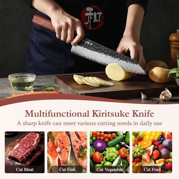 HEZHEN 21.5cm Kiritsuke Chef's Knife - 3-Layer Forged Steel, Japanese Kitchen Knife with Redwood Handle & Wooden Sheath