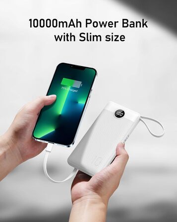 Power Bank 10000mAh з 5 виходами та 2 входами, LED дисплеєм та вбудованими кабелями. Сумісний з iPhone, iPad, Samsung, Xiaomi, Google Pixel.