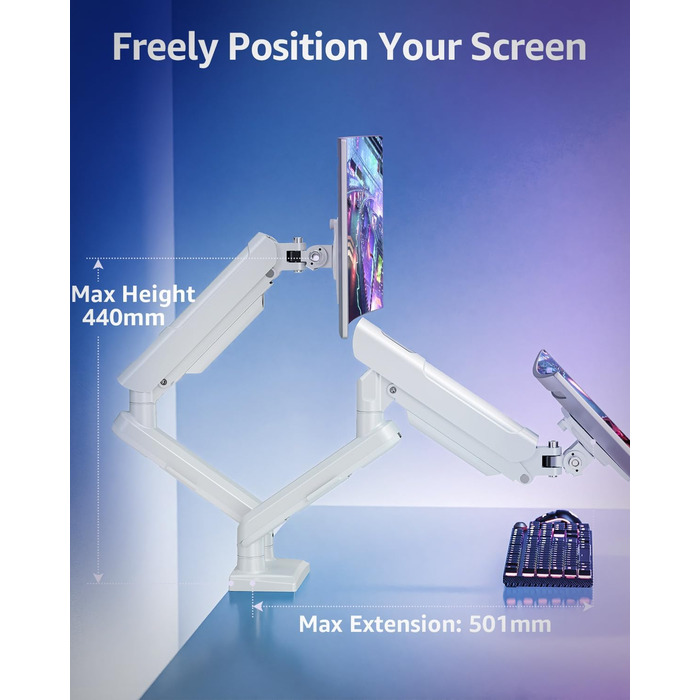 Кріплення для монітора ELIVED EV6012W: підставка для 2 моніторів (13-32 дюйми, 2-9 кг, VESA 75/100mm, регульована, білий)