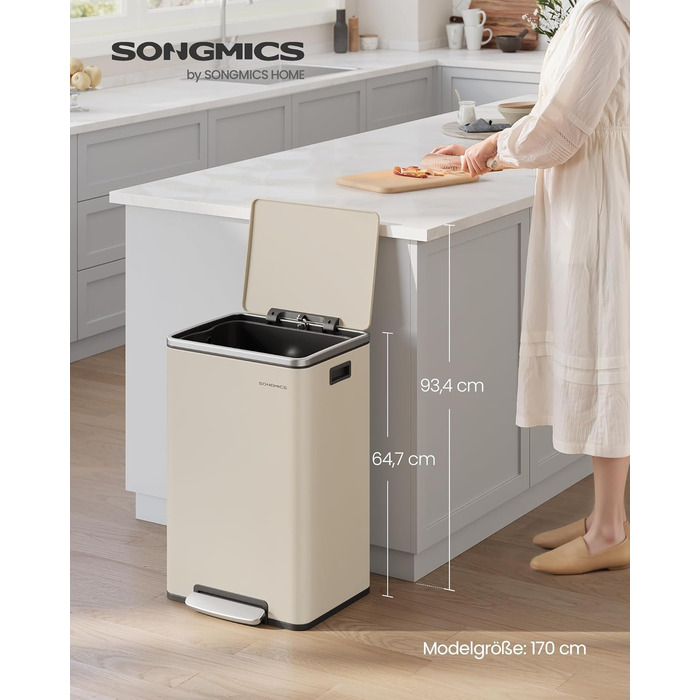 Відро для сміття SONGMICS 50 л, нержавіюча сталь, знімний внутрішній відро, Soft-Close, з кришкою та ручками, кремовий (LTB595E01)