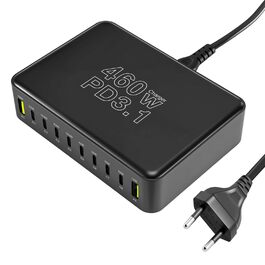 Зарядний пристрій USB-C 460W, 10 портів, PD 3.1 100W/45W/35W/20W для MacBook, iPad, iPhone, HP, Samsung Galaxy та ін. (Сірий)