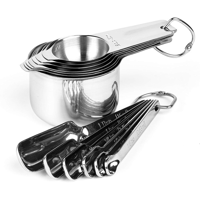 Measuring cup and spoon set – 13-piece, stainless steel, metal, durable, stackable, compact, easy to scoop