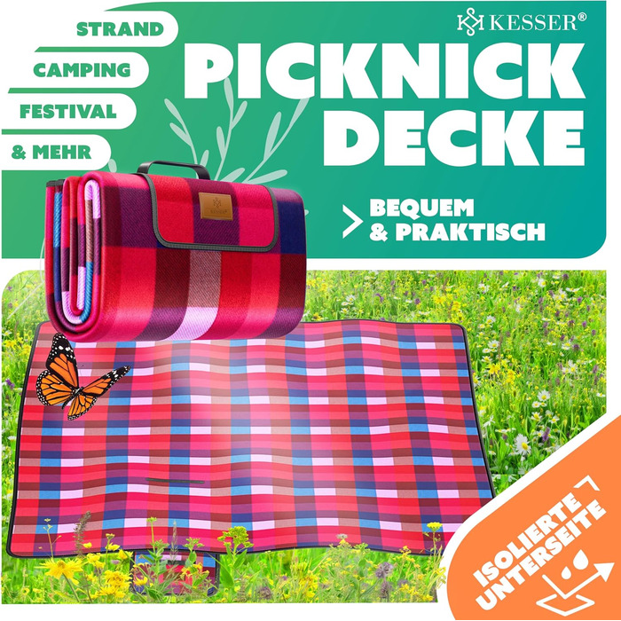 Плед для пікніка KESSER XXL 200x200 см, водонепроникний, з ручкою, червоно-бірюзовий. Плед для кемпінгу, пляжу на 4-6 осіб