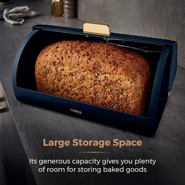 Хлібниця Tower Empire з кришкою-роликом, нержавіюча сталь та латунь, синій колір Midnight Blue