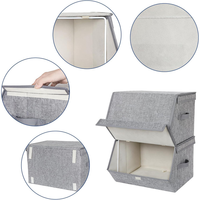 SONGMICS Storage Box, 2-Piece Set, Folding Box, Stackable Fabric Box with Magnetic Flip Lid, Metal Frame, 38 x 26.5/35 x 25, Grey-Beige RLB02GY
