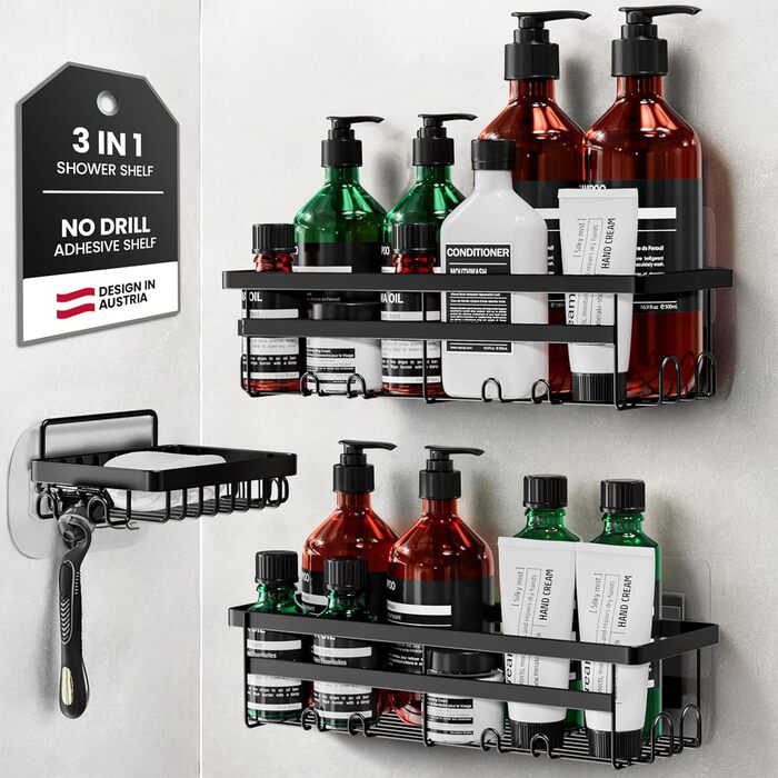 Настінна поличка для душу без свердління - тримач для шампуню та аксесуарів | Нержавіюча сталь | Набір з 3 поличок | Чорний колір