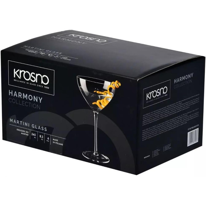 Набір келихів для Мартіні та коктейлів Krosno Harmony 340 мл, 6 шт - Кришталеве скло без свинцю, Класична широка чаша, Висока ніжка, Для Cosmopolitan та напоїв, Підходять для мийки в посудомийній машині, Зроблено в Європі