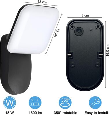 LED вуличний світильник на стіну, IP65, алюміній, 18W, 1600LM, 3000K, тепле біле світло для дому, гаража, саду, тераси