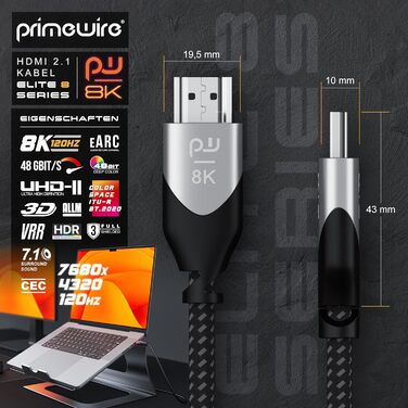 HDMI 2.1 кабель 8K Ultra High Speed II 2м (2 метри) з Ethernet, eARC, HDR10+, 120 Гц, DSC, Nylon, сумісний з Blu-Ray, PS4, PS5, Xbox