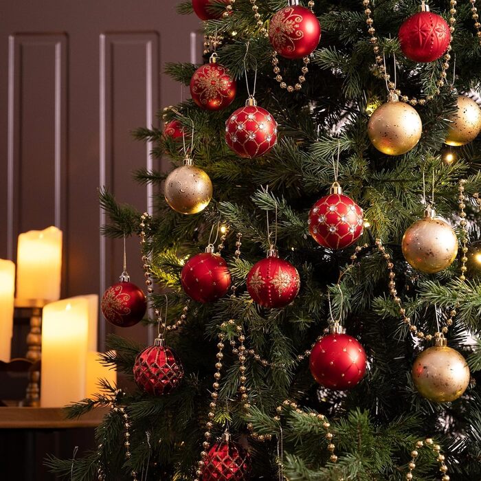 Набір новорічних кулічок для ялинки, 30 шт, 60 мм, пластик, з гачками, для прикраси ялинки, на Новий рік, весілля, свята (червоний, золотий)
