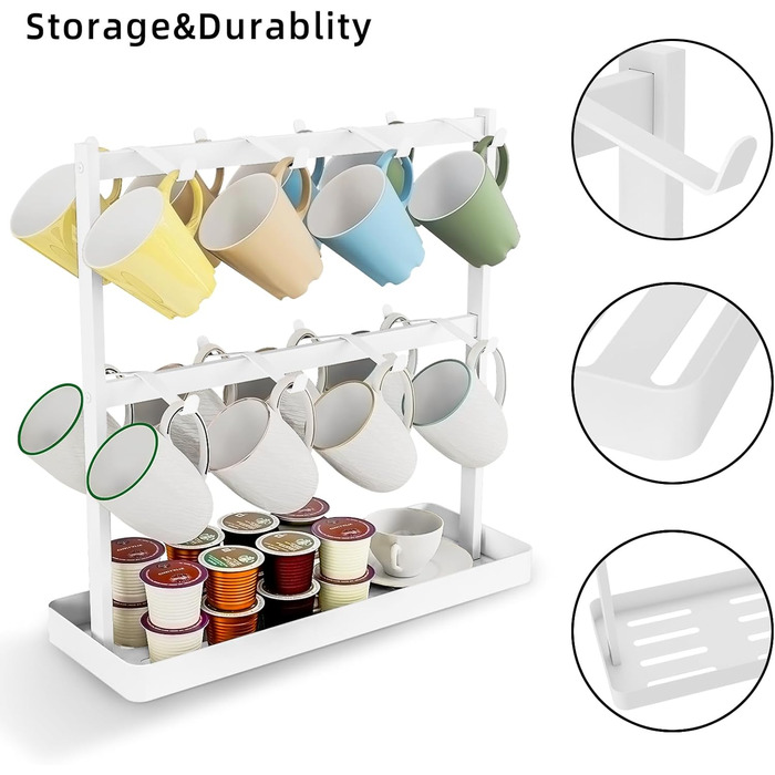 YUMORE Mug Rack with 16 Hooks, Mug Stand, Metal Coffee Cup Holder with Storage Bottom, Coffee Cup Holder, Cup Rack for Kitchen, Dining Room, Cafe Counter, 42 * 15 * 41.5cm (White)