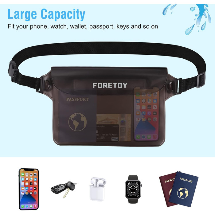 Водонепроникна сумка-чохол на пояс з регульованим ремінцем, IP68, для фотографії, водних видів спорту, пляжу, плавання, риболовлі тощо. Чорний + Сірий