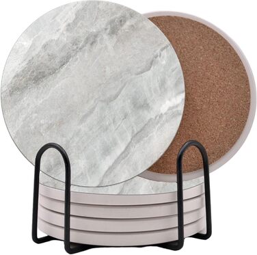 Aqua Blue Teal Marble Coasters Set of 6 - Absorbent Ceramic Coasters with Metal Stand for Drinks, Coffee, Non-Slip Cork Back for Table Protection, 10.2 cm Marble Pattern (Blue-Green) (Gray)