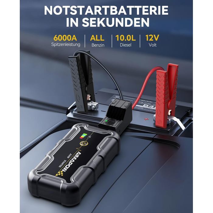 Powerbank для запуску двигуна AIMAPOW Starthilfe 6000A 12V - для бензинових авто, дизельних (10.0L) з LED-ліхтариком та великим екраном, бустер для акумулятора SUV, мотоцикла, газонокосарки