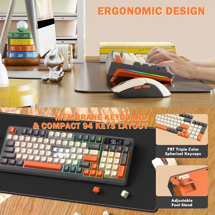 Бездротова клавіатура та миша FREEWOLF T96 з Bluetooth та 2.4G, PBT-клавіші, дисплеєм, тихими клавішами, Anti-Ghosting, QWERTY (Шиммер)