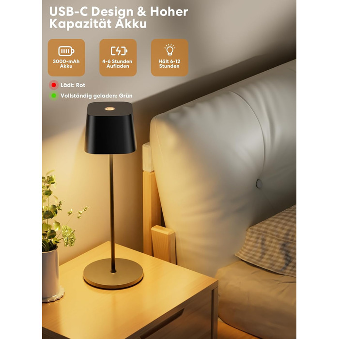 Настільна лампа бездротова акумуляторна LED чорна IP54 з USB-C, 3 кольори світла (3000-6000K), диммується, для дому та вулиці, алюмінієва