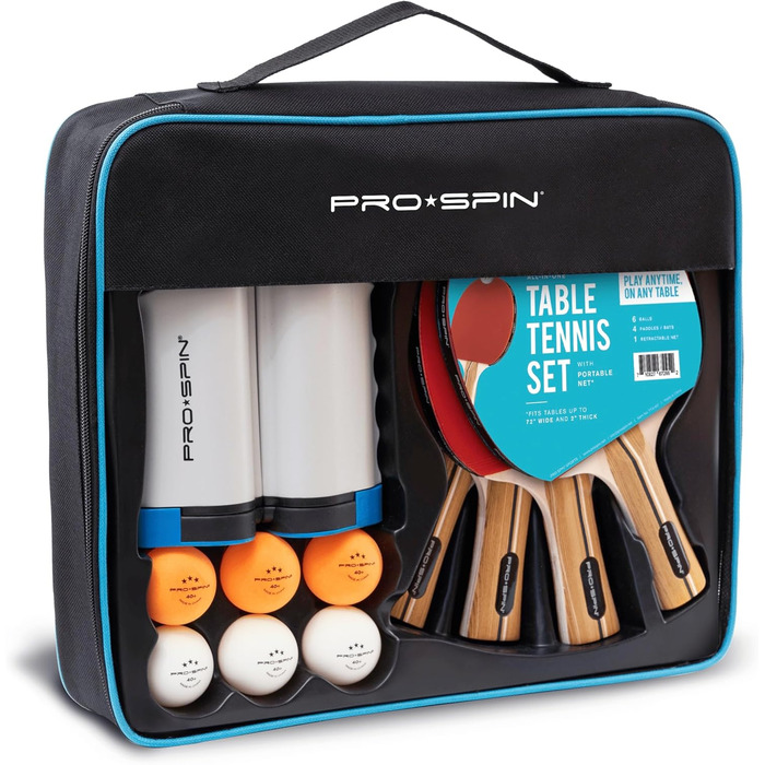 PRO SPIN Table Tennis Set with Net - Mobile Table Tennis Net, 3-Star Table Tennis Balls, Case & Paddles | Perfect Gift Set for 4 Players