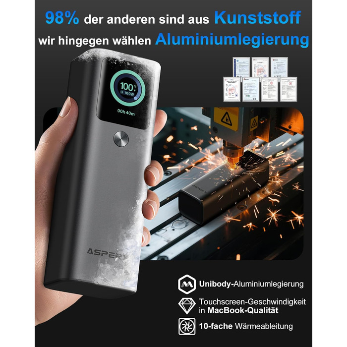 Power Bank AsperX 20000mAh 165W з USB-C кабелем, сумісний з MacBook, Dell, HP, Lenovo, iPad, iPhone, Galaxy