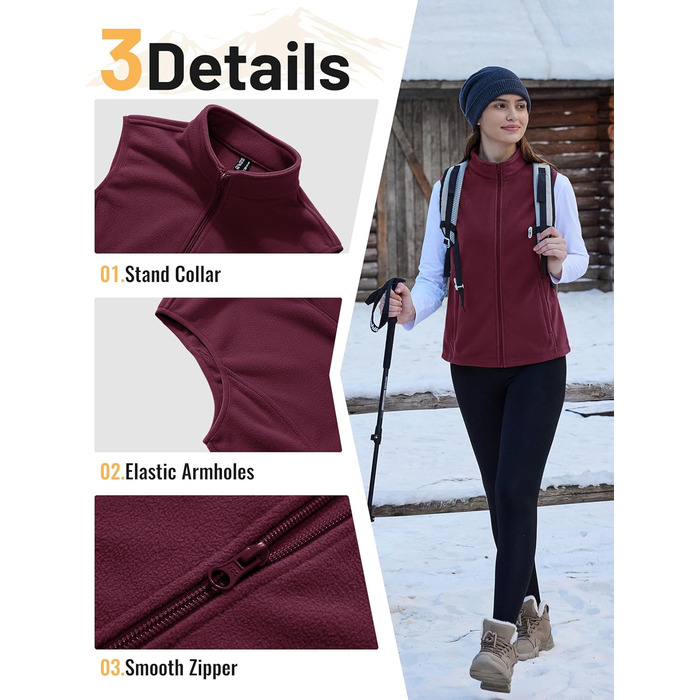 TACVASEN жіноча флісова жилетка для активного відпочинку, без рукавів, тепла жилетка з кишенями на блискавці, спортивна жилетка для жінок, колір: бордовий