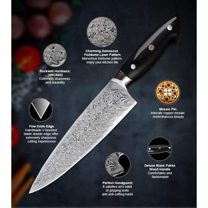 Ніж Santoku AIRENA 7 дюймів - Японський стиль, високоякісна сталь X50CrMov15, повний хвостовик, ергономічна ручка, преміум якість, подарункова коробка