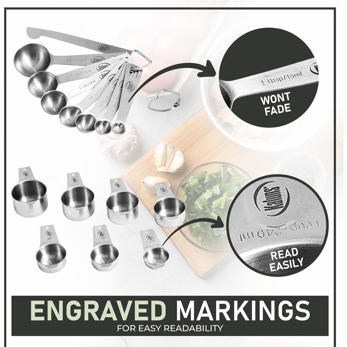 Kaluns Stainless Steel Measuring Cups and Spoons, 16-Piece Measuring Cup and Spoon Set including Leveler and Measuring Card, Durable, Heat and Rust Resistant
