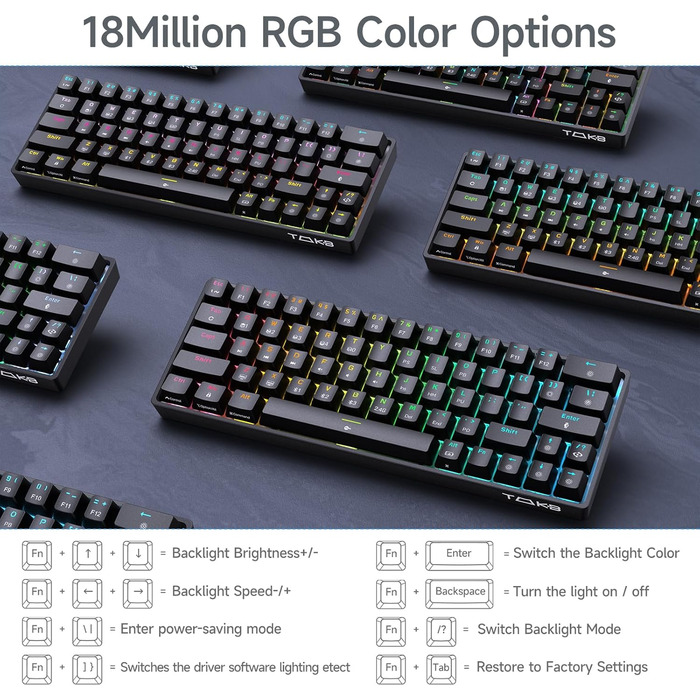 Ігрова клавіатура TMKB T63 з механічними клавішами Blue Switch, Bluetooth/2.4G/Кабель, чорна