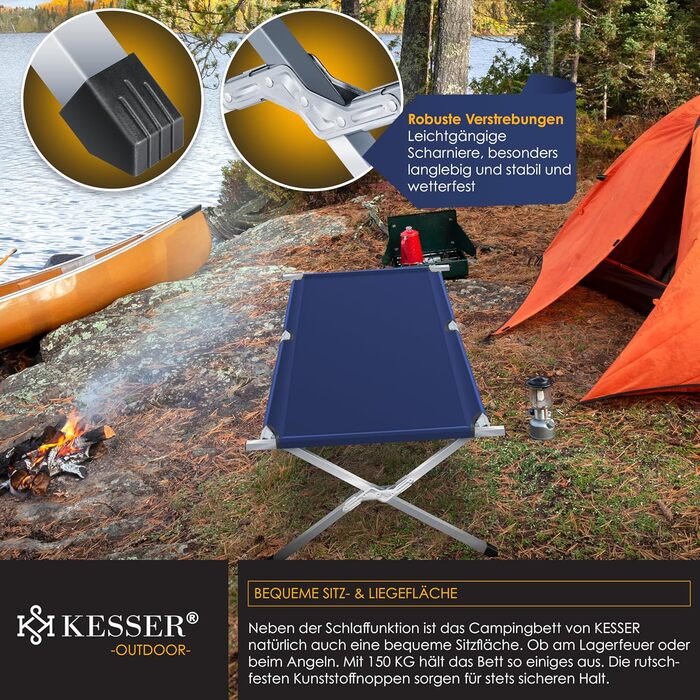 Ліжко туристичне розкладне KESSER® 210 см з сумкою, ліхтарем та кишенями, синій. Витримує 150 кг, сталевий каркас, 600D Oxford