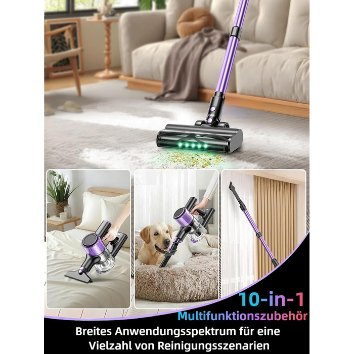 Бездротовий акумуляторний пилосос 45000 Па/500 Вт/45 хв з LED-дисплеєм та щіткою проти намотування, висувний шланг 73 см для твердих поверхонь, килимів, шерсті тварин, фіолетовий