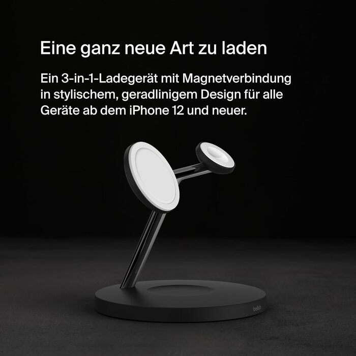 Belkin MagSafe 3-в-1 Бездротова Зарядка: Швидка Зарядка для iPhone, Apple Watch та AirPods (15W) - Чорний