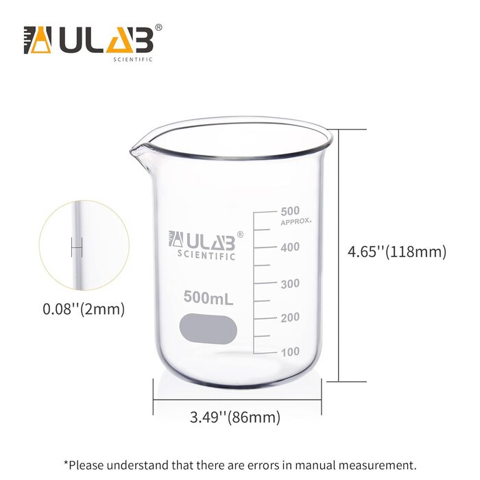 6 Pieces Berker 500ml Glass Beakers, Borosilicate Glass Beaker with Graduations, Glass Beaker Set for Laboratory, Kitchen, School UBG1038