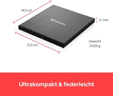Зовнішній тонкий Blu-ray привід Verbatim Ultra HD 4K Slimline Writer з USB-C, підтримкою BDXL, M-Disc, DVD та CD, чорний