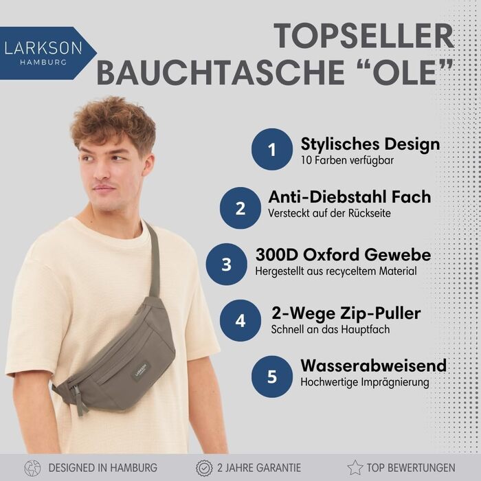 Чоловіча та жіноча поясна сумка LARKSON Beige Ole - спортивна, для міста та активного відпочинку, водонепроникна