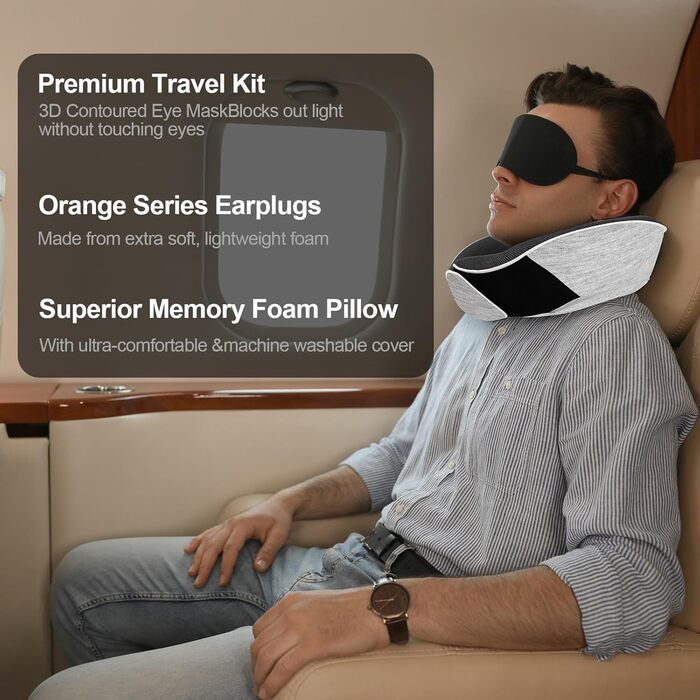 Подушка для шиї з піною з пам'яті Memory Foam, комплект з маскою для очей, берушами та чохлом, ергономічна туристична подушка (світло-сіра)