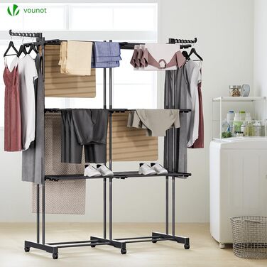 VOUNOT® Сушарка для білизни Турм Розкладна, для дому та вулиці, з розкладними крилами, телескопічною штангою, 6 колесами, 40м довжини сушіння, 3 яруси, білий (чорний) колір