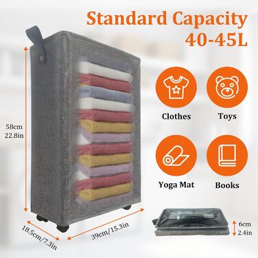 Laundry Basket with Wheels, Foldable Slim Laundry Collector, Collapsible Rectangular Laundry Container Collector for Bedroom, Apartment, Hotel, 40L, 39x18.5x58cm, Beige