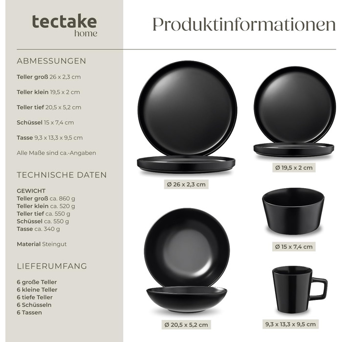 Набір посуду tectake® на 6 осіб, 30 предметів, чорний, з тарілок, мисок, глибоких тарілок та салатників