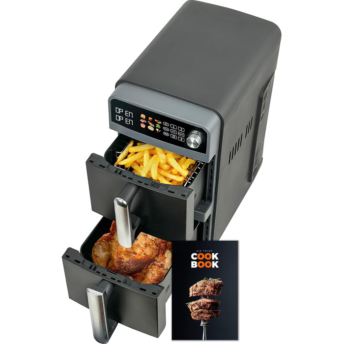 Фритюрниця повітряна подвійна 10L з 2 відсіками | 2400W, 9 програм, таймер, економія енергії, миється в посудомийній машині, сірий колір