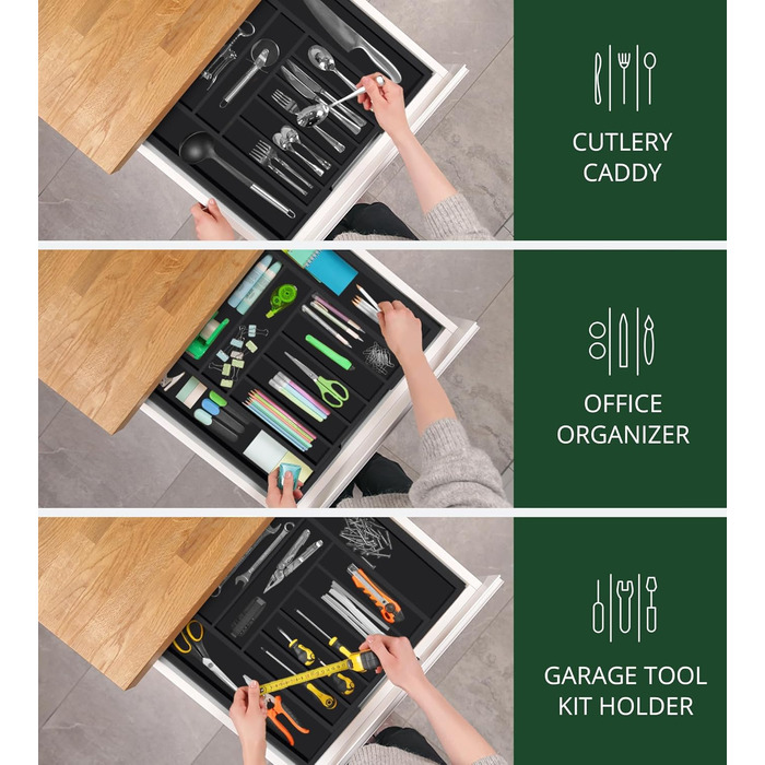 Органайзер для столових приборів ROYAL CRAFT WOOD з бамбука (9 секцій, чорний) - Роздільник для ящиків, тримач для кухонного приладдя